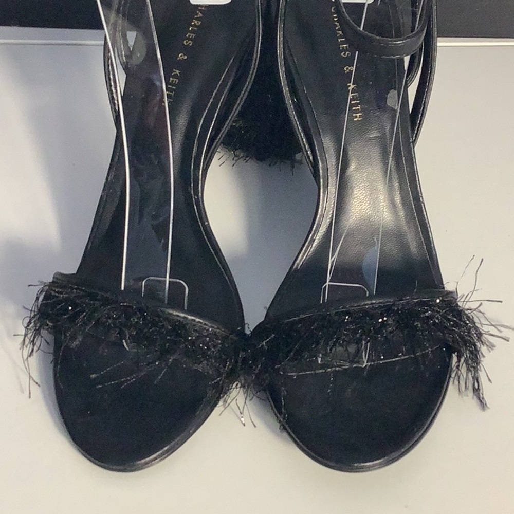 Charles & Keith Black Hairy Fringe Heel Open Toe Ankle Strap Shoes Sz 36/6